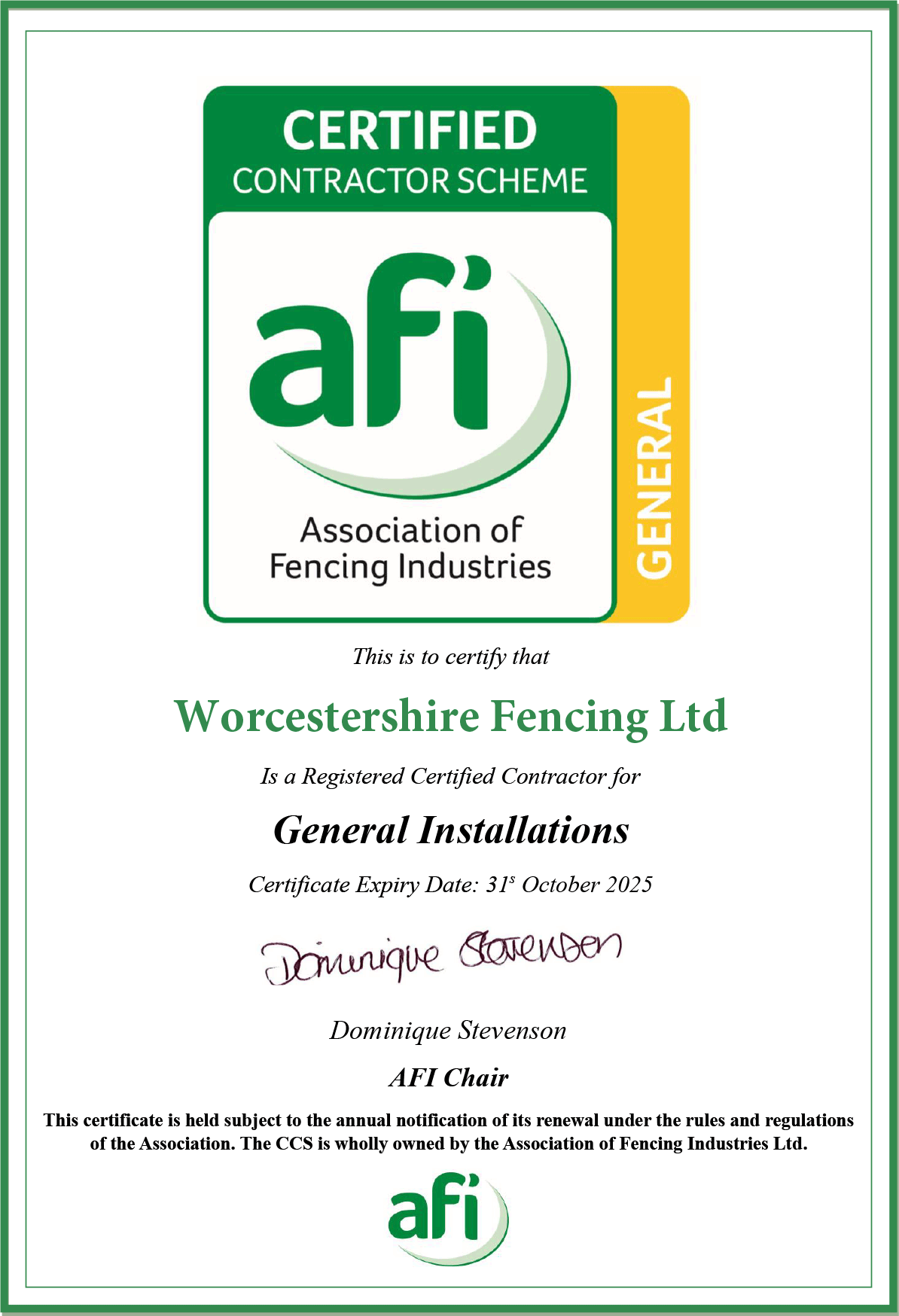 AFI CCS Cert General Worcestershire Fencing